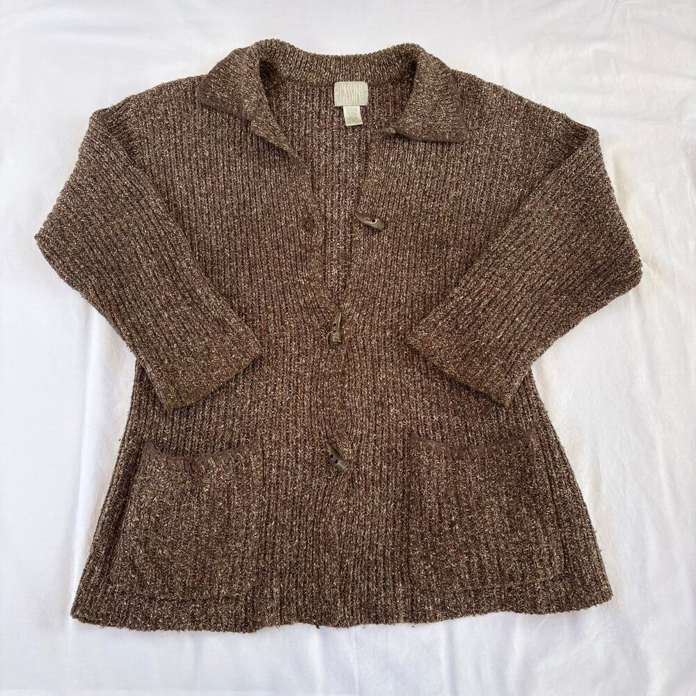 Vintage Cassini Brown Tweed Knit Cardigan Sweater Jacket Toggle Front Pockets M